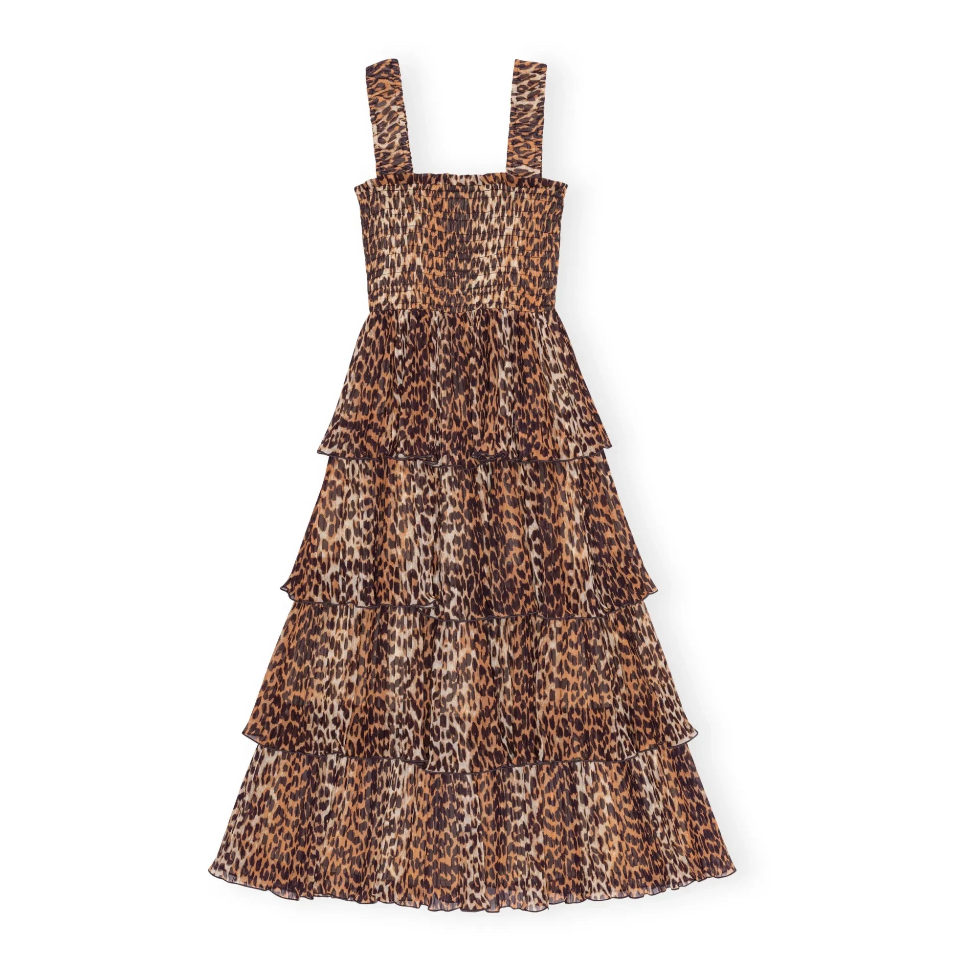 Ganni - Vestido sin mangas fruncido de georgette con fibras recicladas | Leopardo
