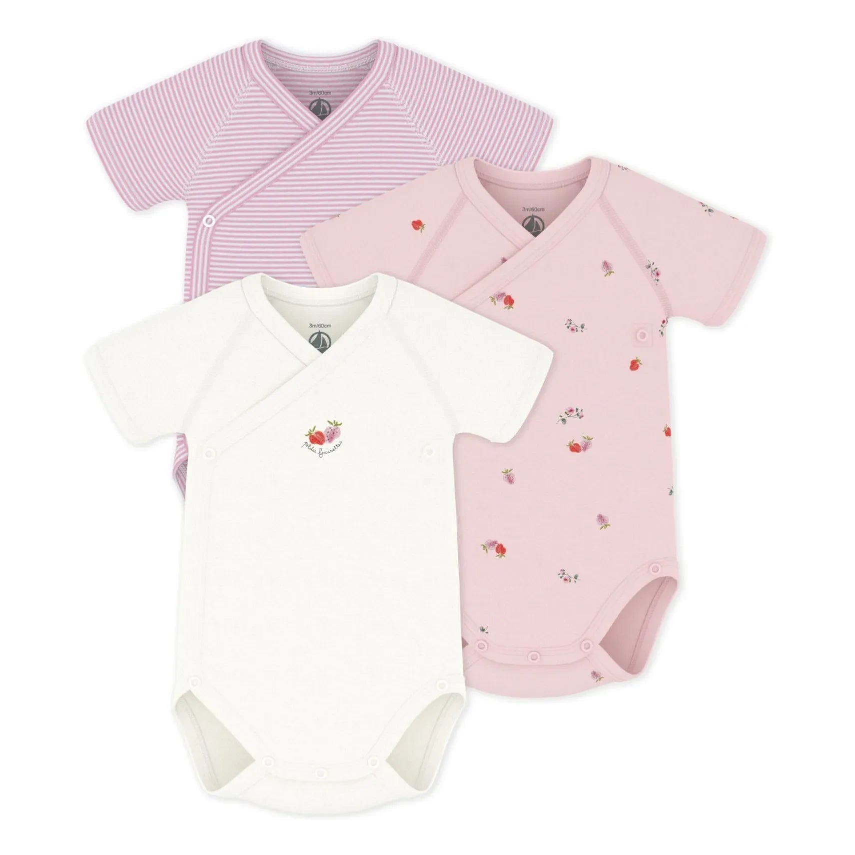 Petit Bateau - Conjunto de 3 Bodys de Algodón Orgánico con Estampado Floral | Rosa