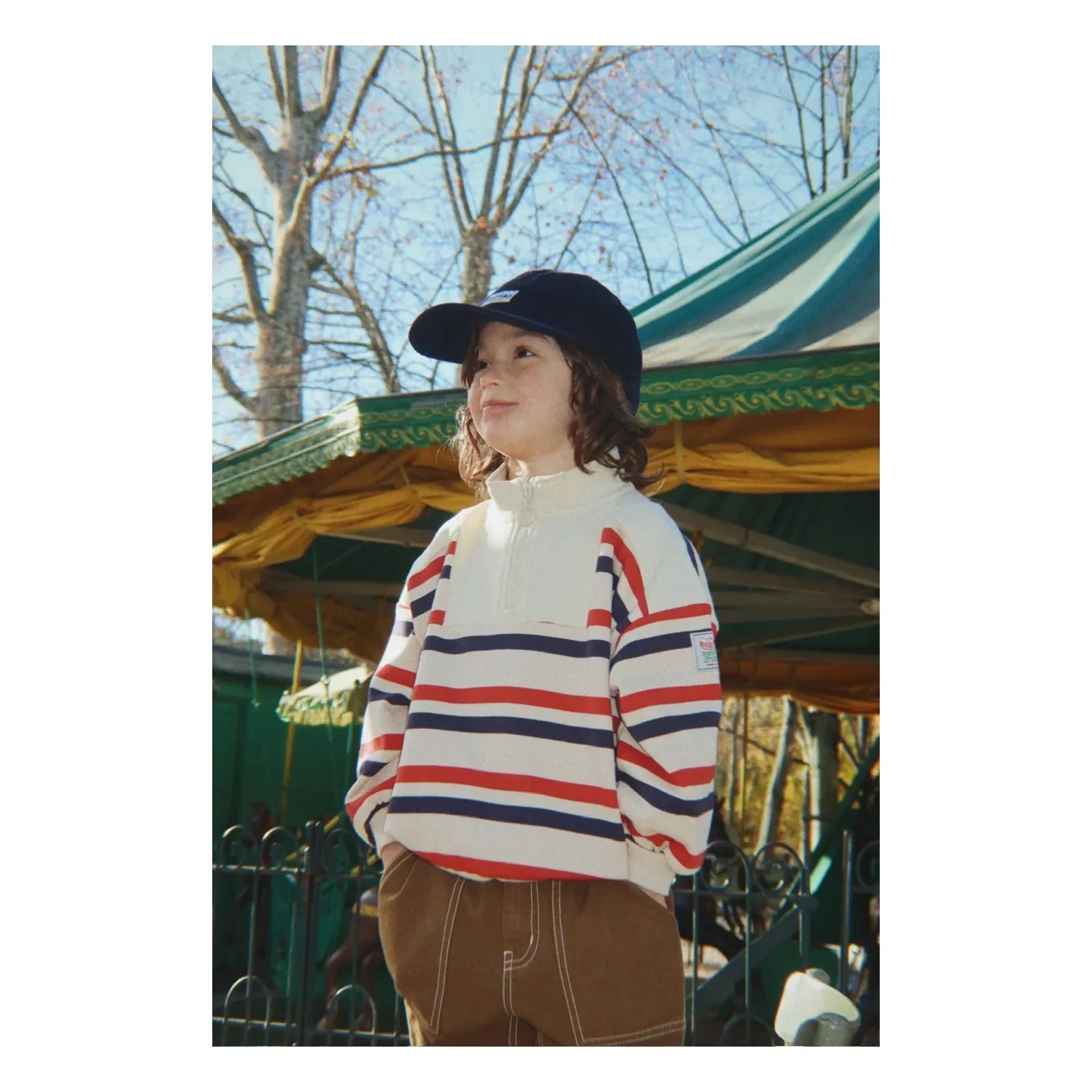 Konges Sløjd - Loupy Çizgili Organik Pamuk Fermuarlı Sweatshirt | Ecru