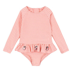 Konges Sløjd - Bañador de manga larga Etta con estampado de cuadros Vichy y fresas | Rosa