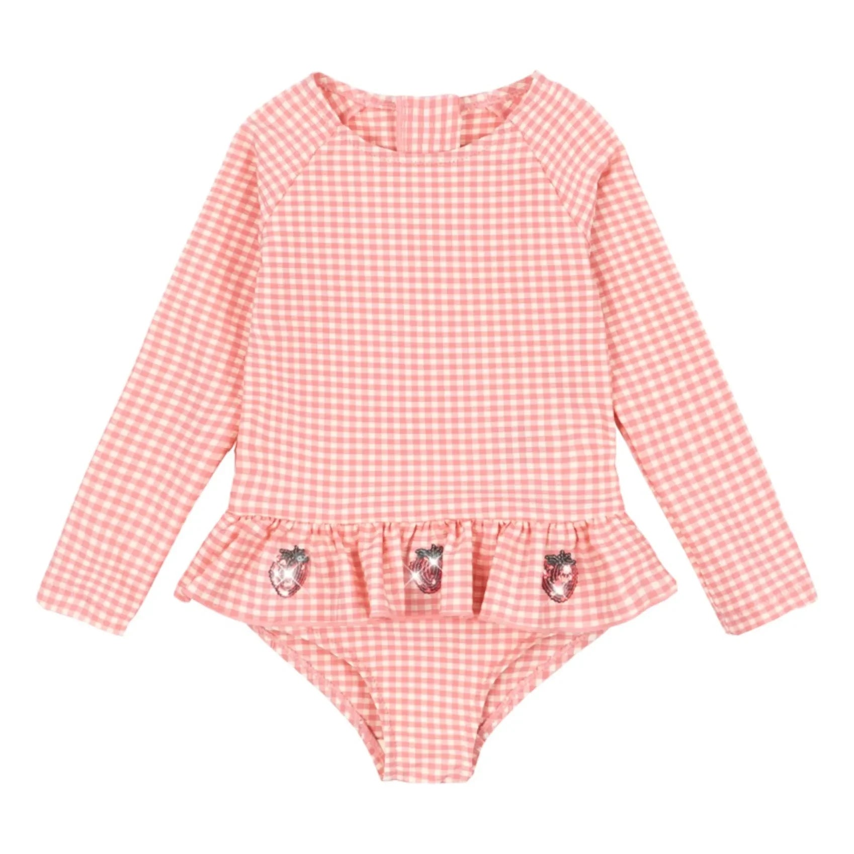 Konges Sløjd - Bañador de manga larga Etta con estampado de cuadros Vichy y fresas | Rosa