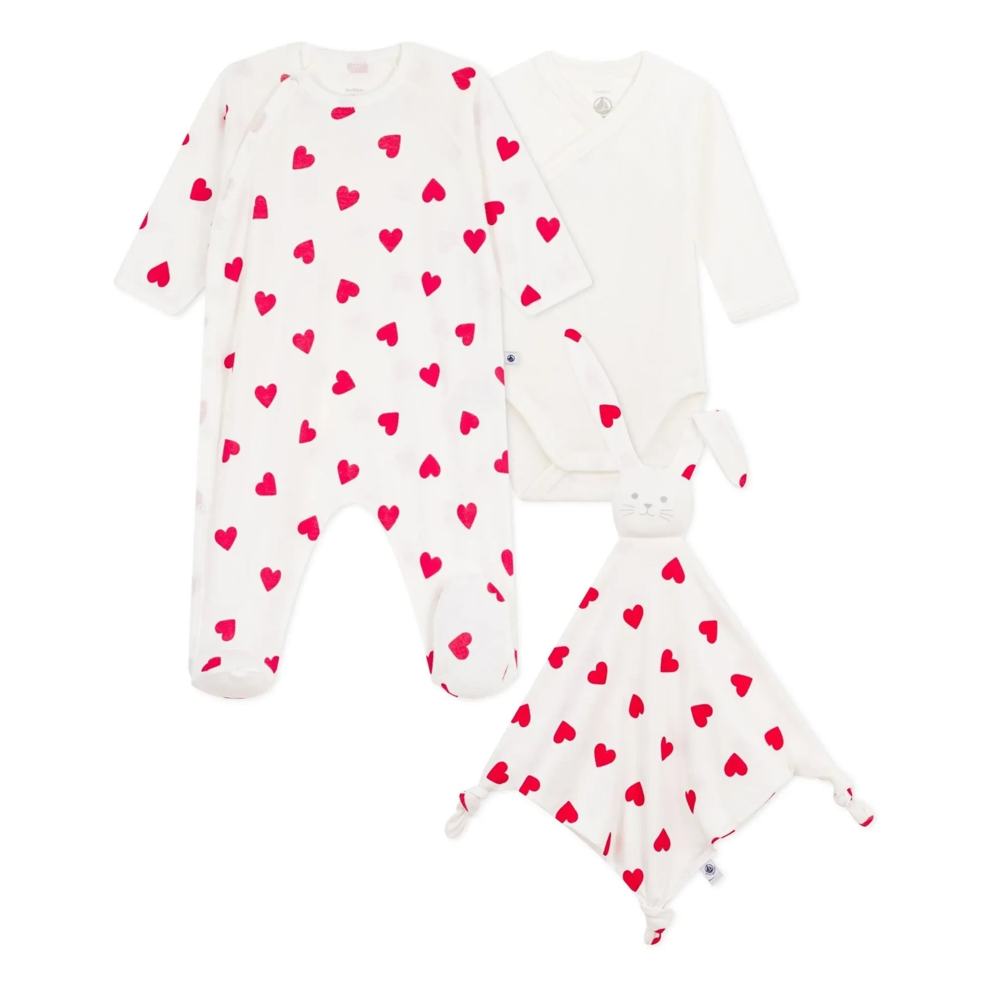 Petit Bateau - Conjunto de regalo de pijama-pelele de 3 piezas y corazones encantadores | Blanco