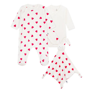 Petit Bateau - Conjunto de regalo de pijama-pelele de 3 piezas y corazones encantadores | Blanco