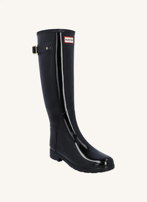 Hunter - Botas de cuero Wellington con acabamento brillante de biés dorado | Negro brillante