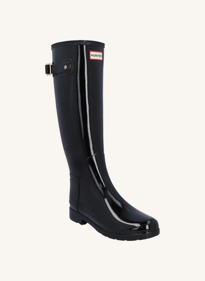 Hunter - Botas de cuero Wellington con acabamento brillante de biés dorado | Negro brillante