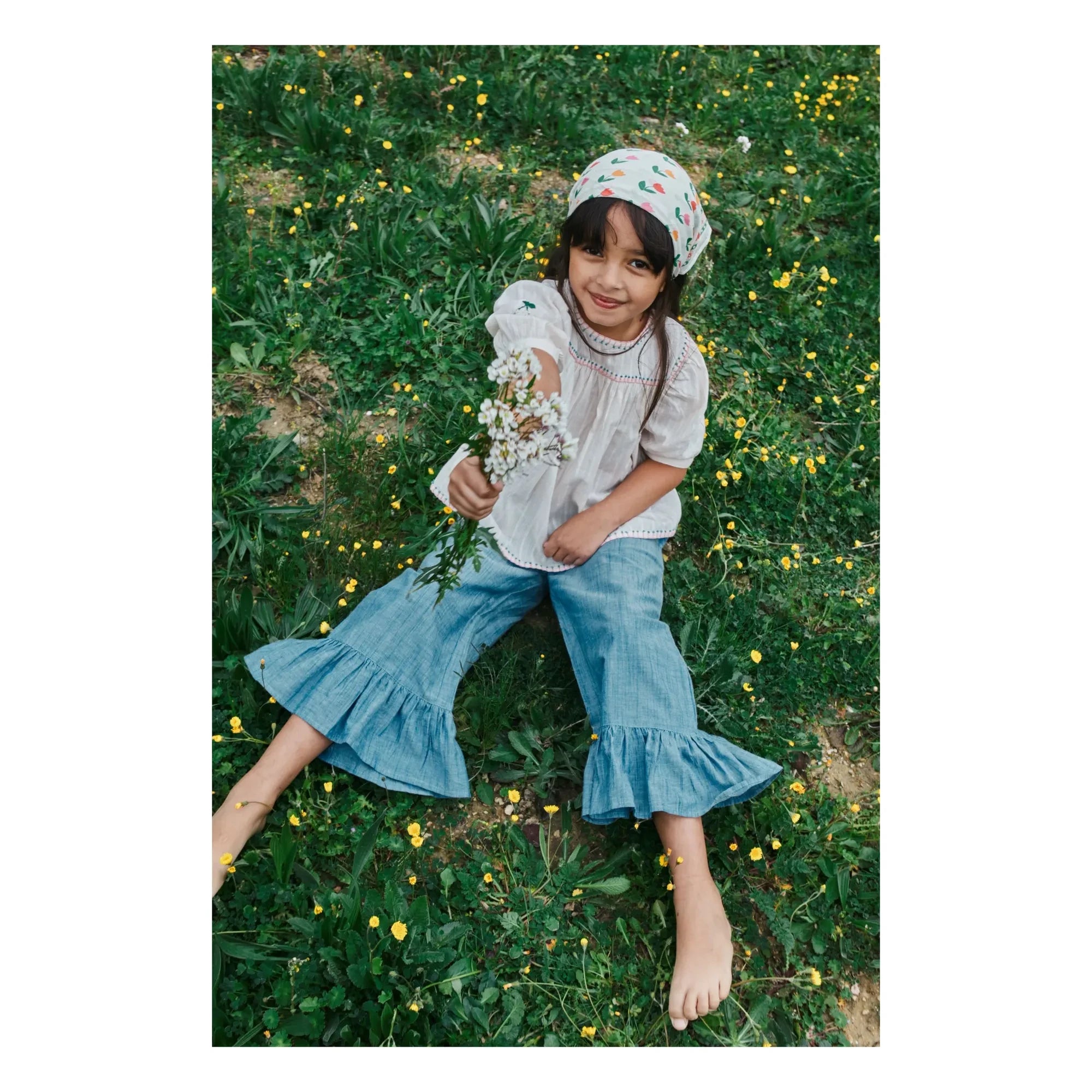 Emile et Ida - Pantalón con volantes de chambray azul