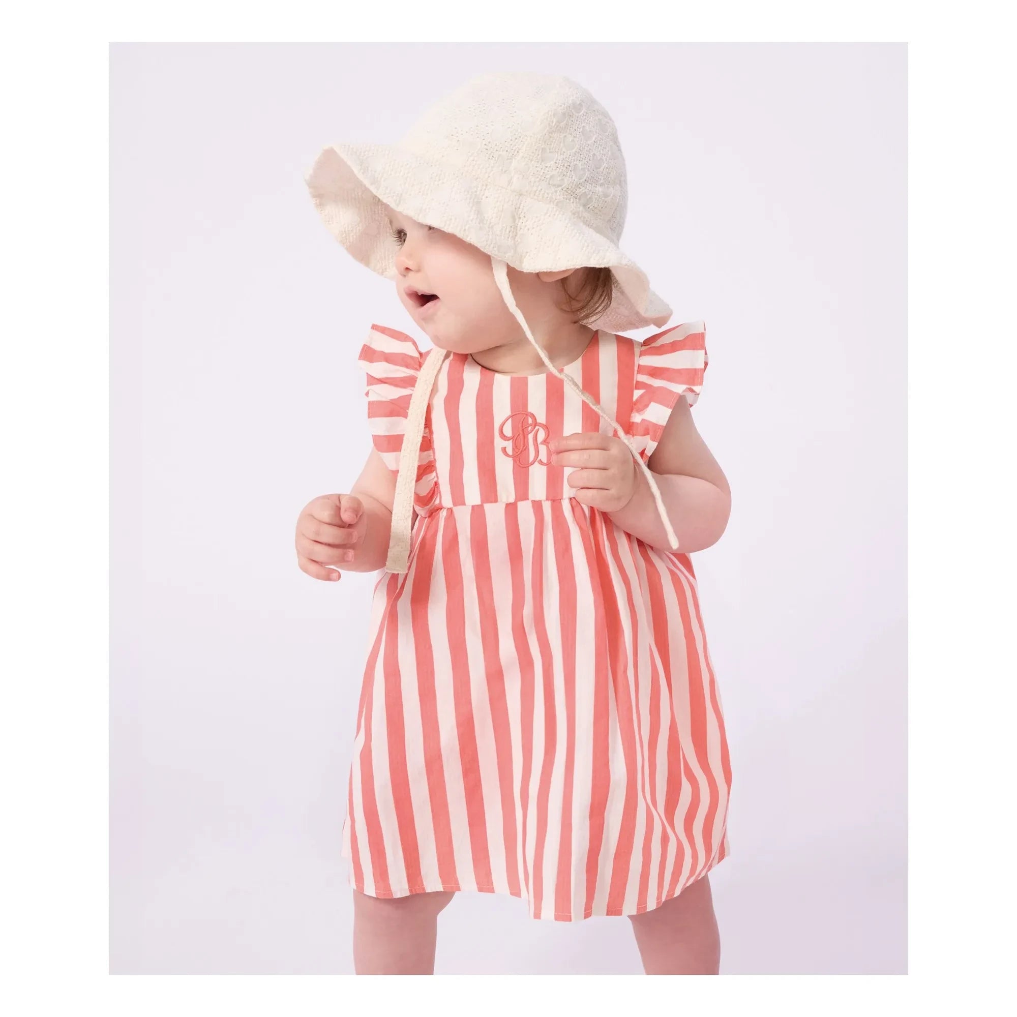 Petit Bateau - Conjunto de vestido y braguita de algodón orgánico seersucker a rayas | Coral