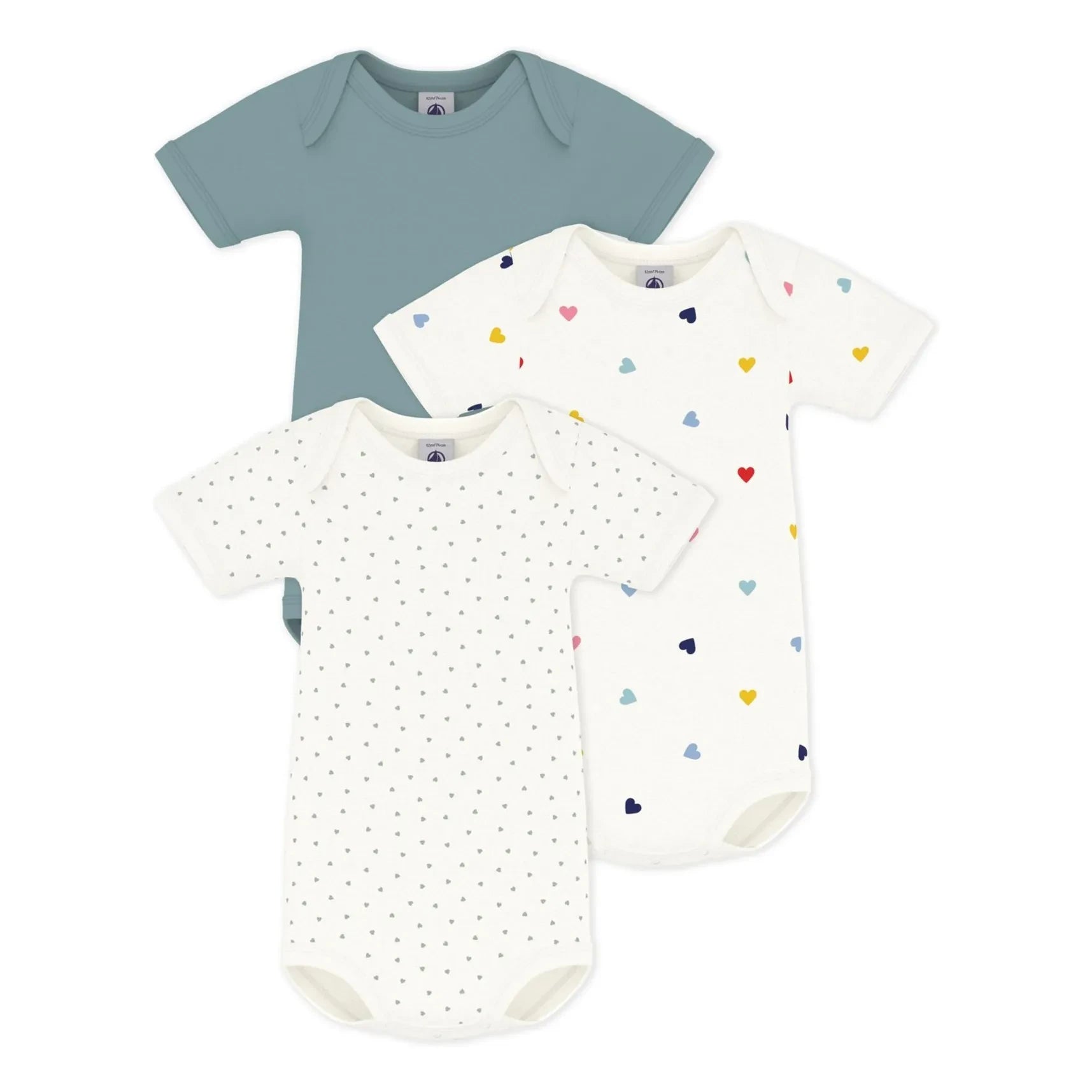 Petit Bateau - Conjunto de 3 bodies de algodón orgánico con corazones | Azul