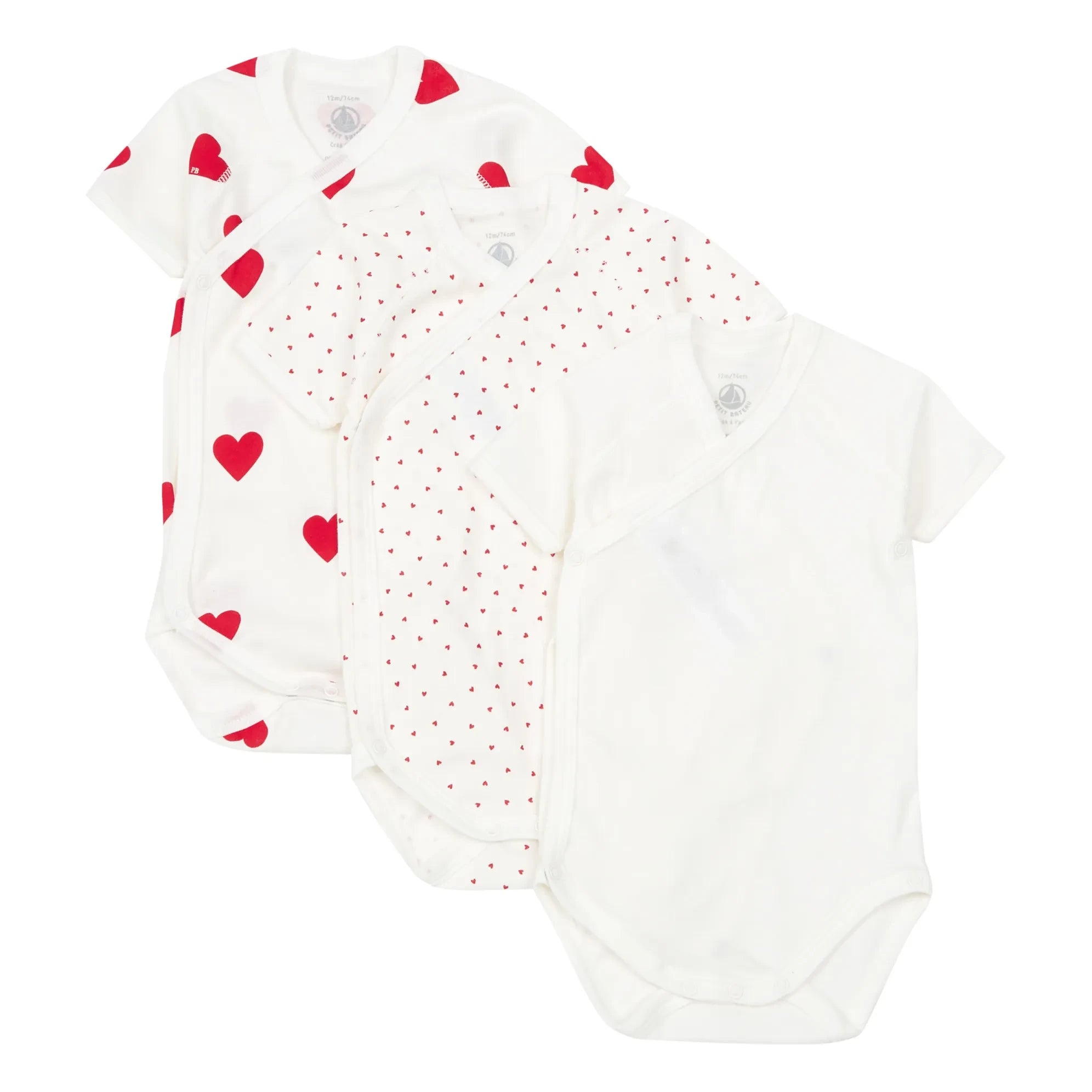 Petit Bateau - Conjunto de 3 bodys de algodón orgánico con corazones para bebé | Rojo