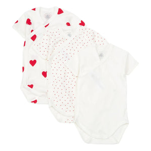 Petit Bateau - Conjunto de 3 bodys de algodón orgánico con corazones para bebé | Rojo
