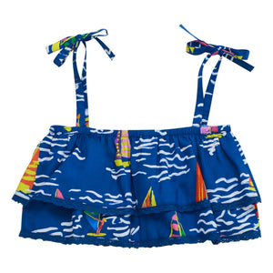 Maison Mangostan - Top corto azul con volantes de vela