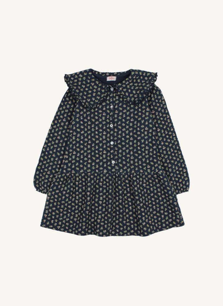 Búho - Vestido de Cuello Claudine de Algodón Orgánico Cottage | Azul Marino