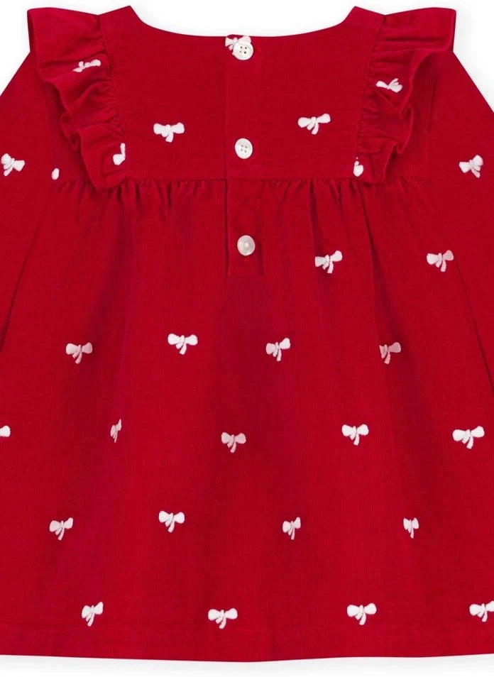Petit Bateau - Kırmızı Organik Pamuk Korduroy Fiyonklu Elbise