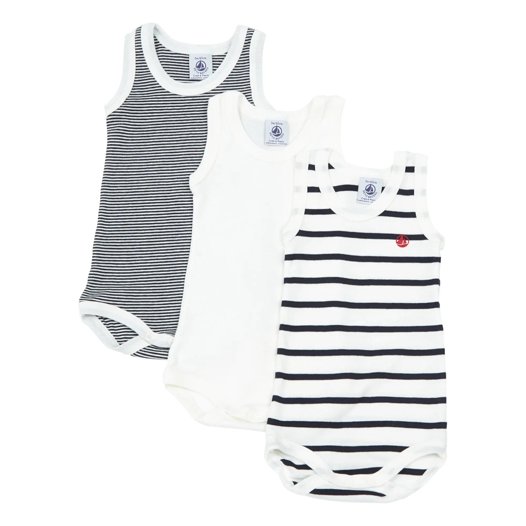 Petit Bateau - Conjunto de 3 peleles de algodón orgánico a rayas para bebé | Azul
