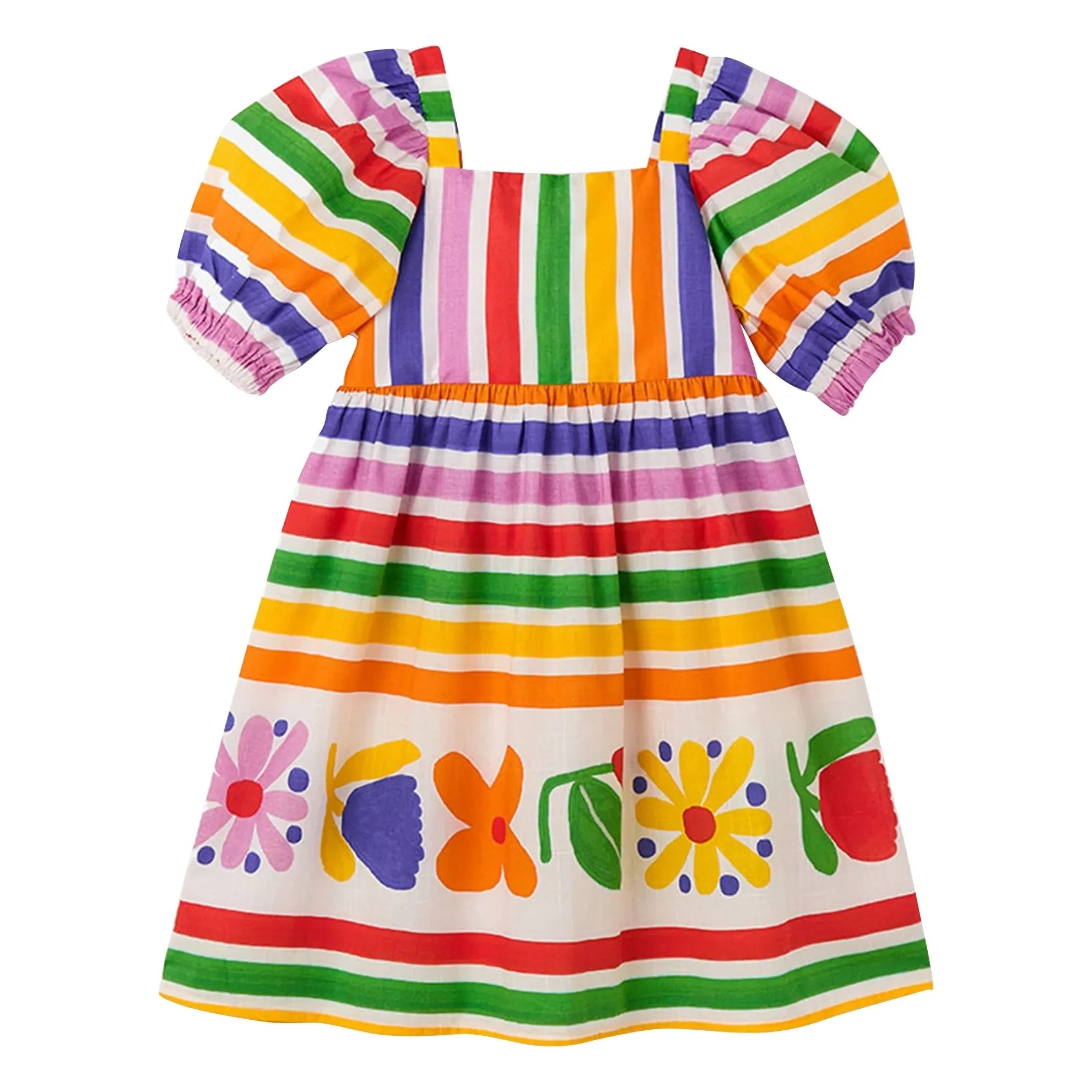 Fábula - Vestido de manga abullonada a rayas y flores | Amarillo