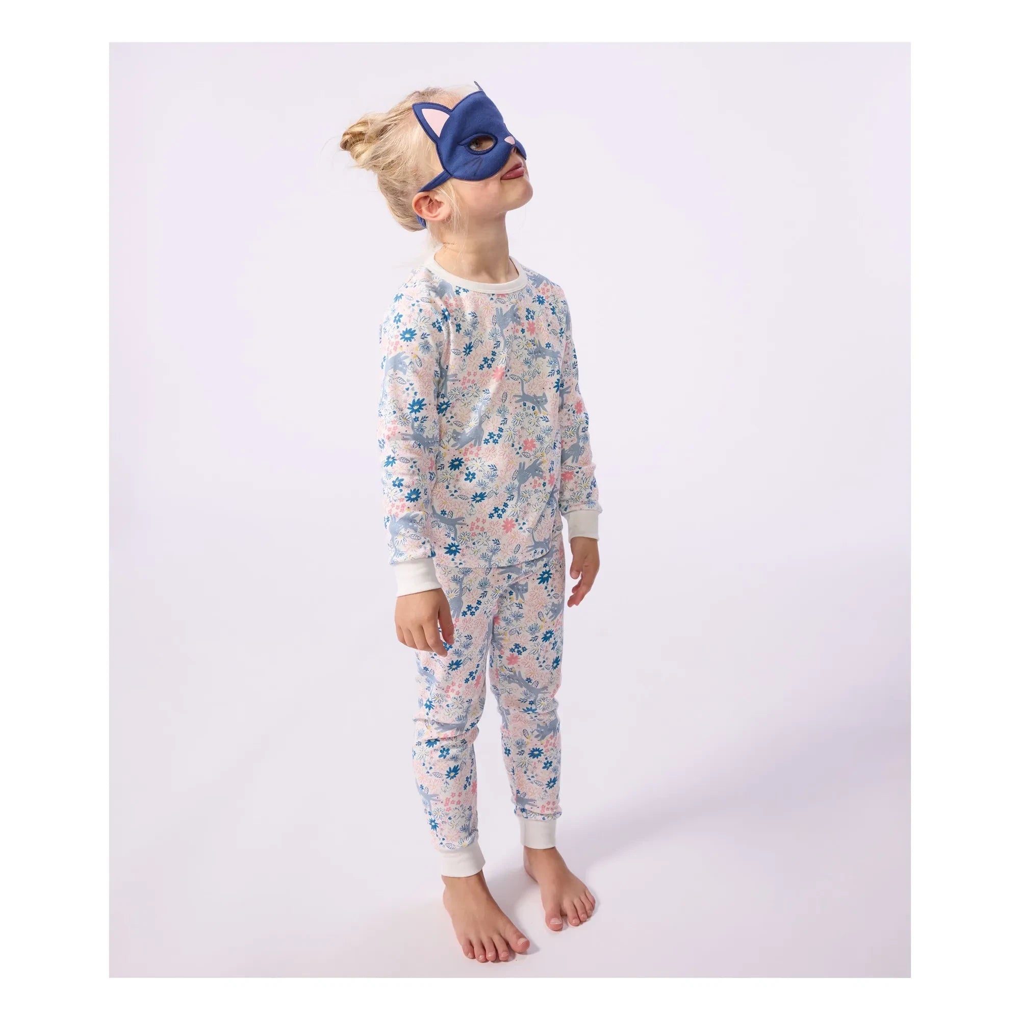Petit Bateau - Conjunto de pijama de algodón orgánico con estampado floral y máscara de gato | Blanco