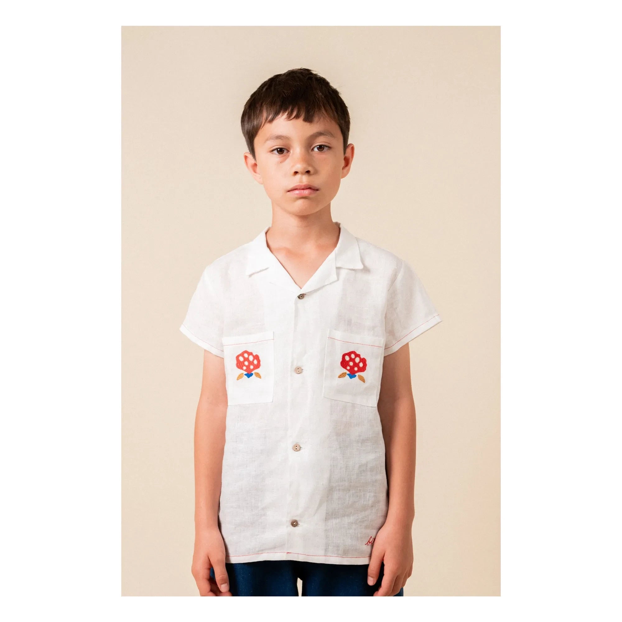 birinit - Camisa de lino con bolsillo bordado | Blanco