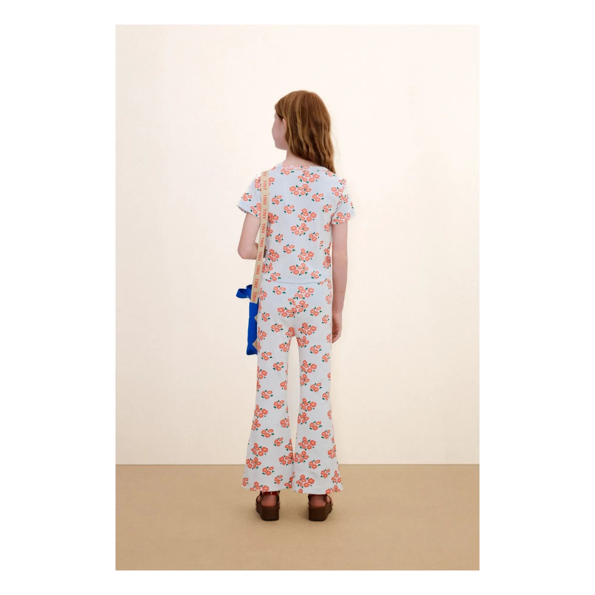 Tinycottons - Pantalones acampanados de algodón orgánico acanalado con estampado floral | Azul claro