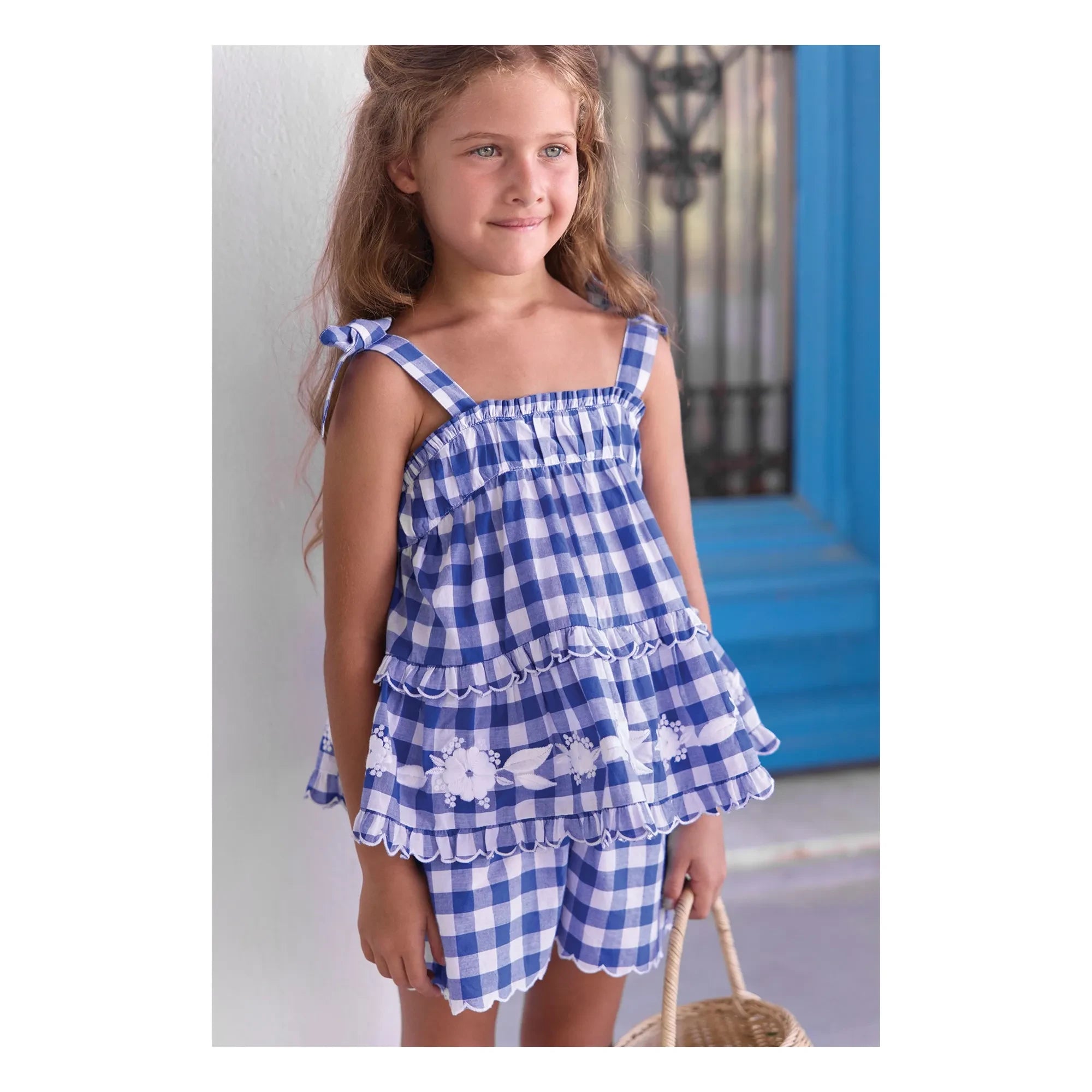 Tartine et Chocolat - Blusa bordada y conjunto de pantalón corto de cuadros | Azul real