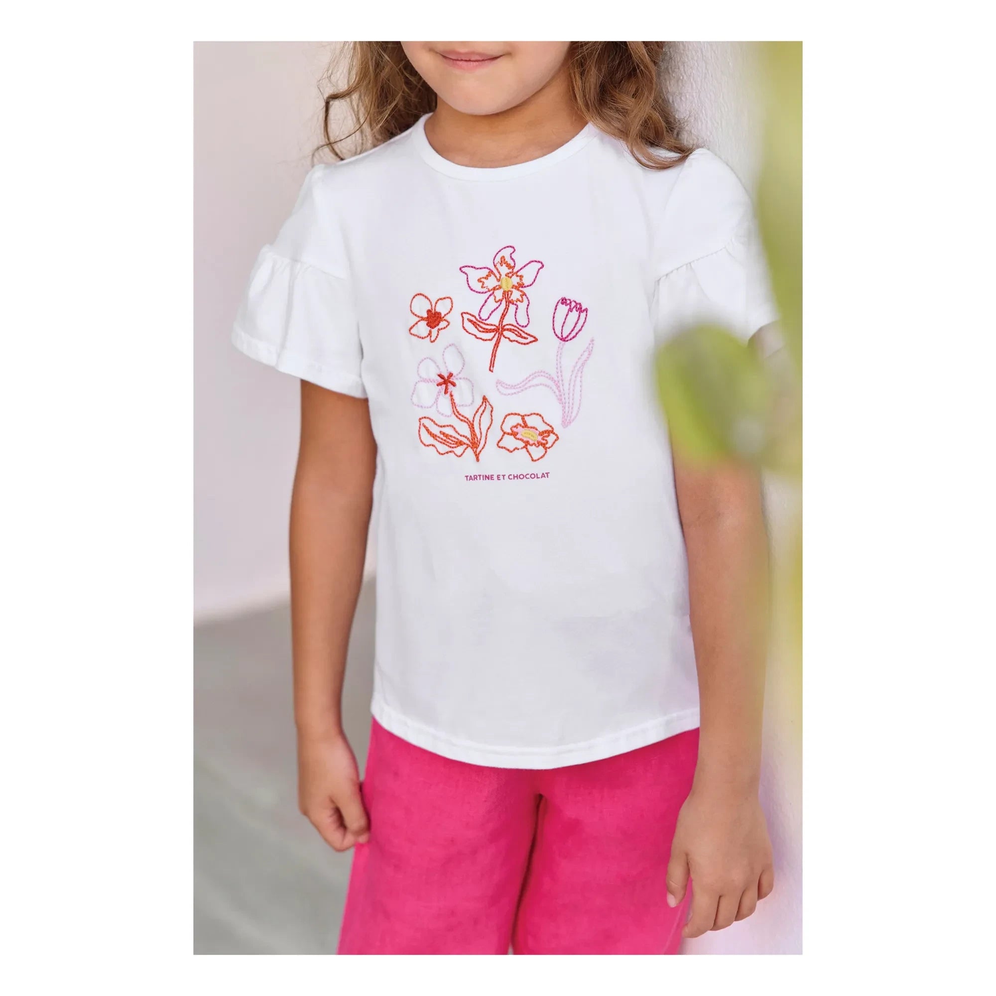 Tartine et Chocolat - Camiseta de manga abullonada con bordado floral | Blanco
