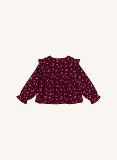 Petit Bateau - Blusa de terciopelo de algodón orgánico con volantes y estampado floral | Burdeos