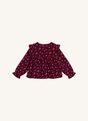Petit Bateau - Blusa de terciopelo de algodón orgánico con volantes y estampado floral | Burdeos