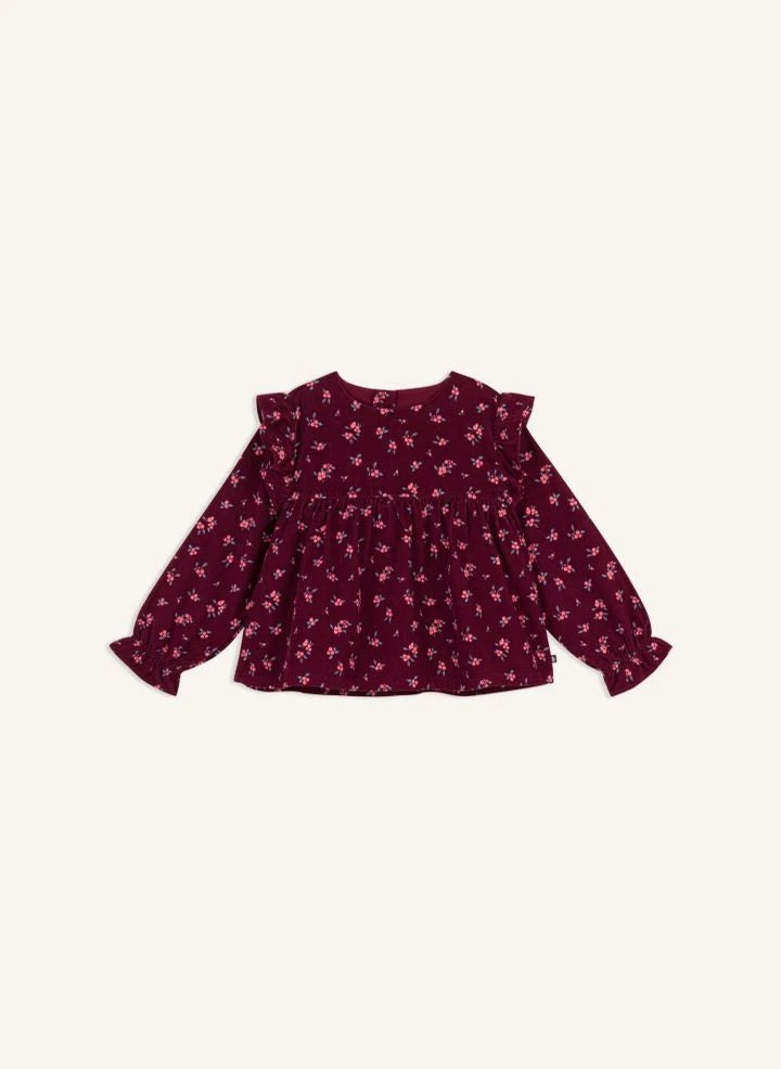 Petit Bateau - Blusa de terciopelo de algodón orgánico con volantes y estampado floral | Burdeos
