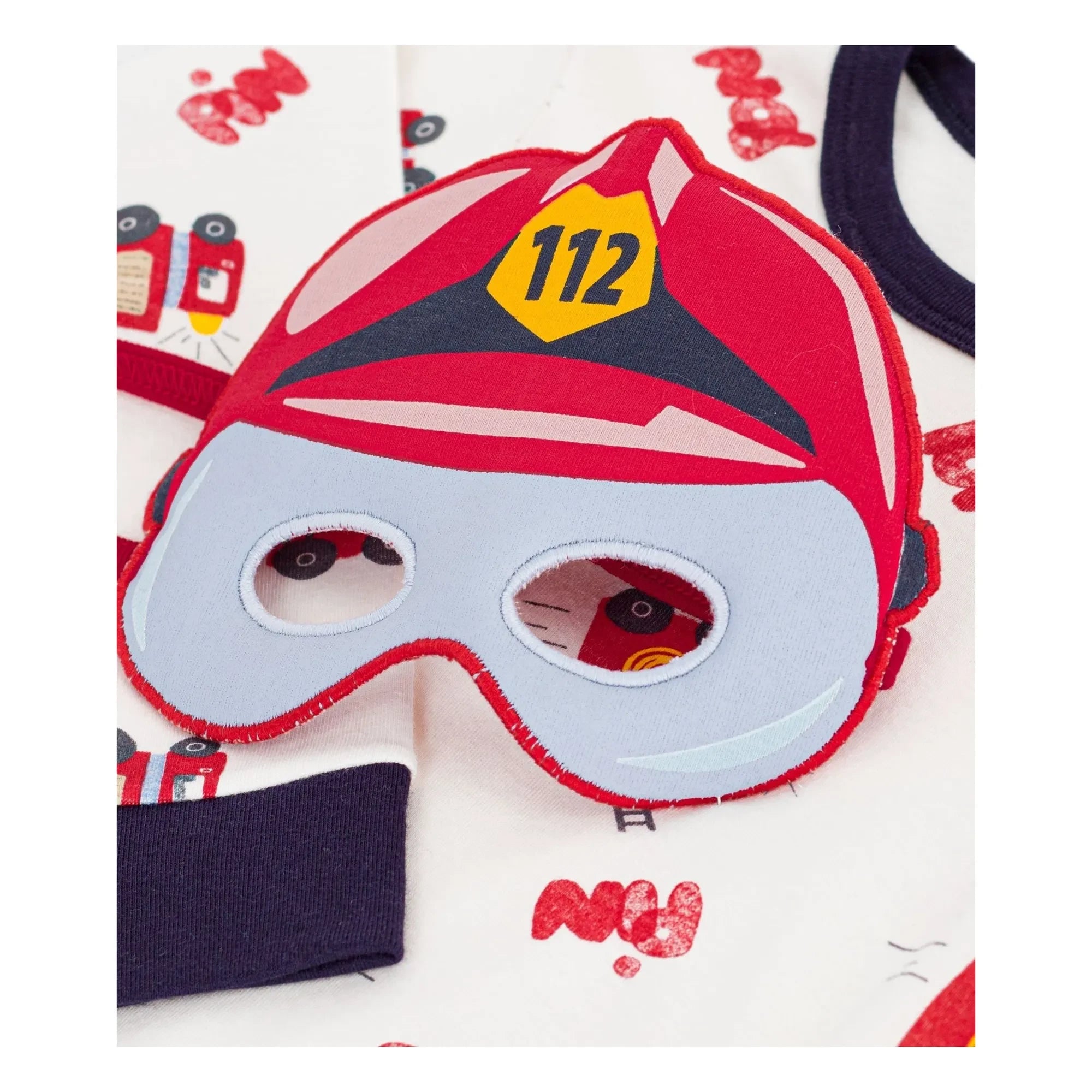 Petit Bateau - Organik Pamuk İtfaiyeci Pijama ve Maske Seti | Beyaz