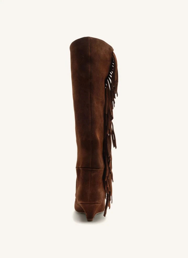 Farm Rio - Bota boho de ante con flecos y tacón de cuña | Marrón