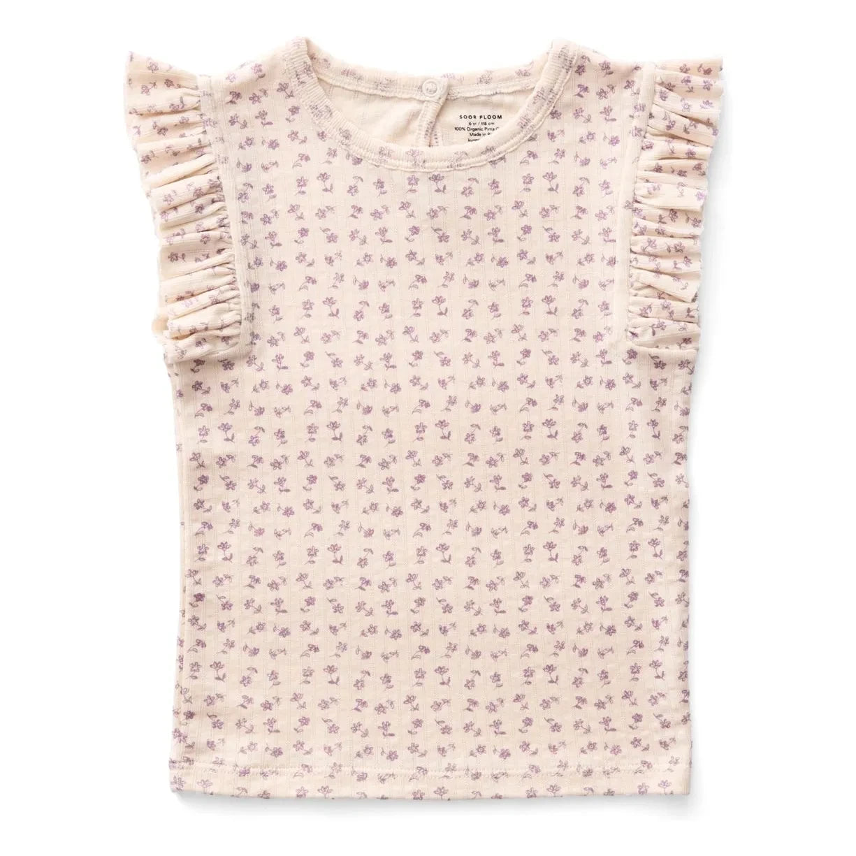 Soor Ploom - Camiseta de Algodón Orgánico con Volantes de Pointelle Estampado Floral | Blanco Roto
