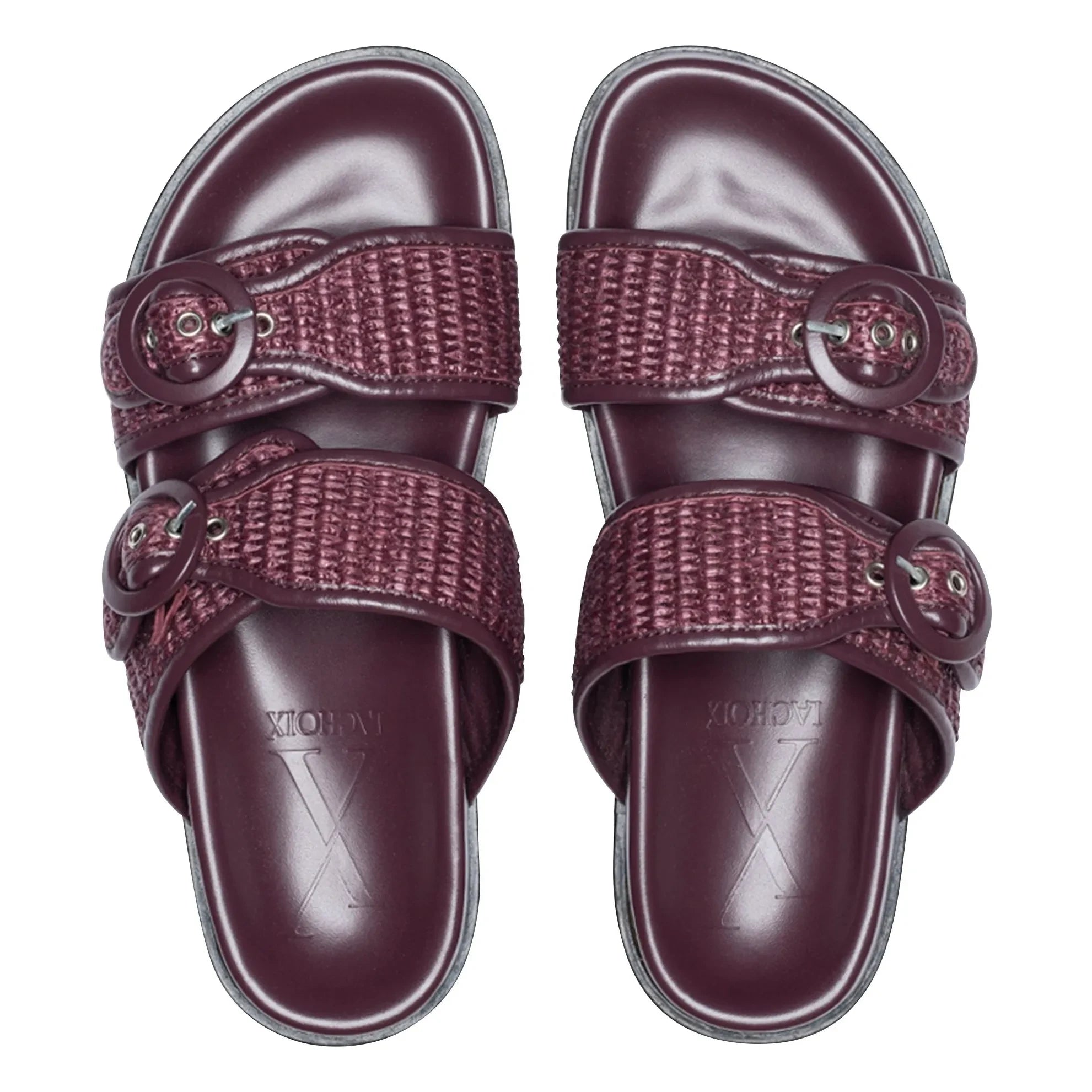 Lachoix - Sandalias de piel y rafia con doble hebilla | Color burdeos