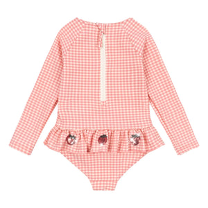 Konges Sløjd - Bañador de manga larga Etta con estampado de cuadros Vichy y fresas | Rosa