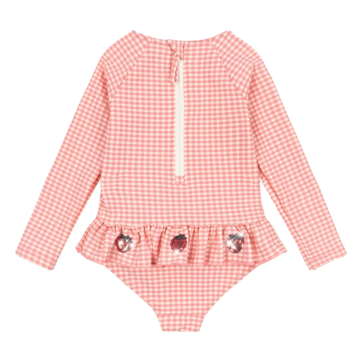 Konges Sløjd - Bañador de manga larga Etta con estampado de cuadros Vichy y fresas | Rosa