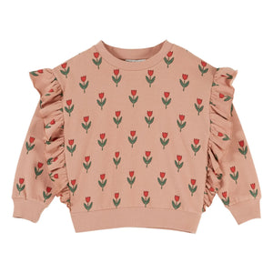 Emile et Ida - Organik pamuklu çiçek desenli fırfırlı sweatshirt | Pembe