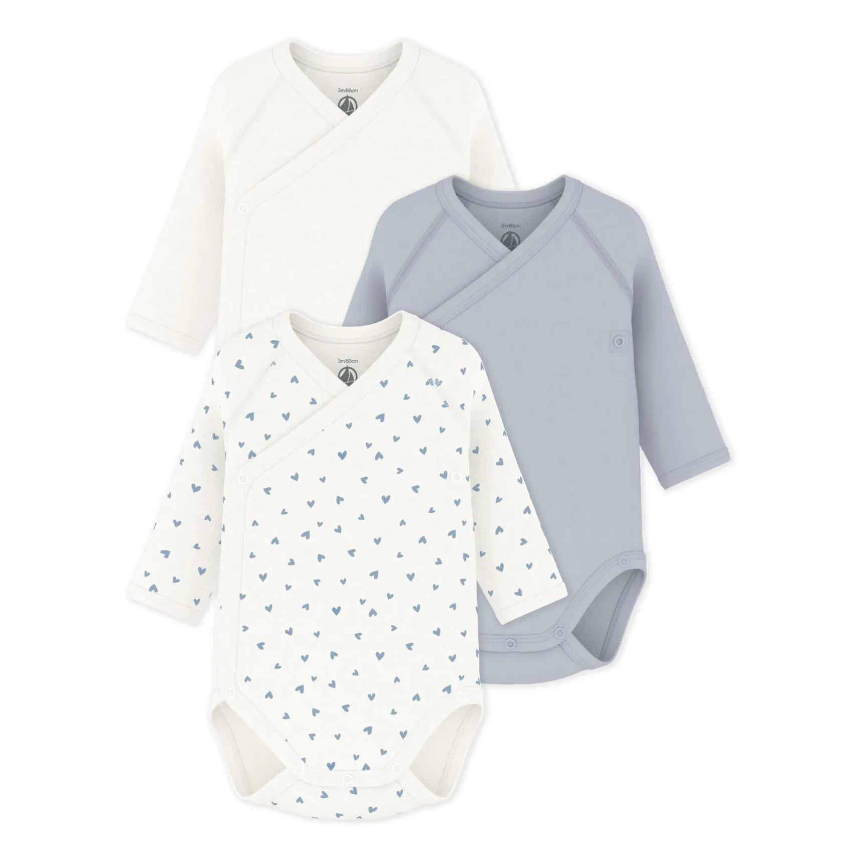 Petit Bateau - Conjunto de 3 bodies cruzados de algodón orgánico con corazones | Blanco