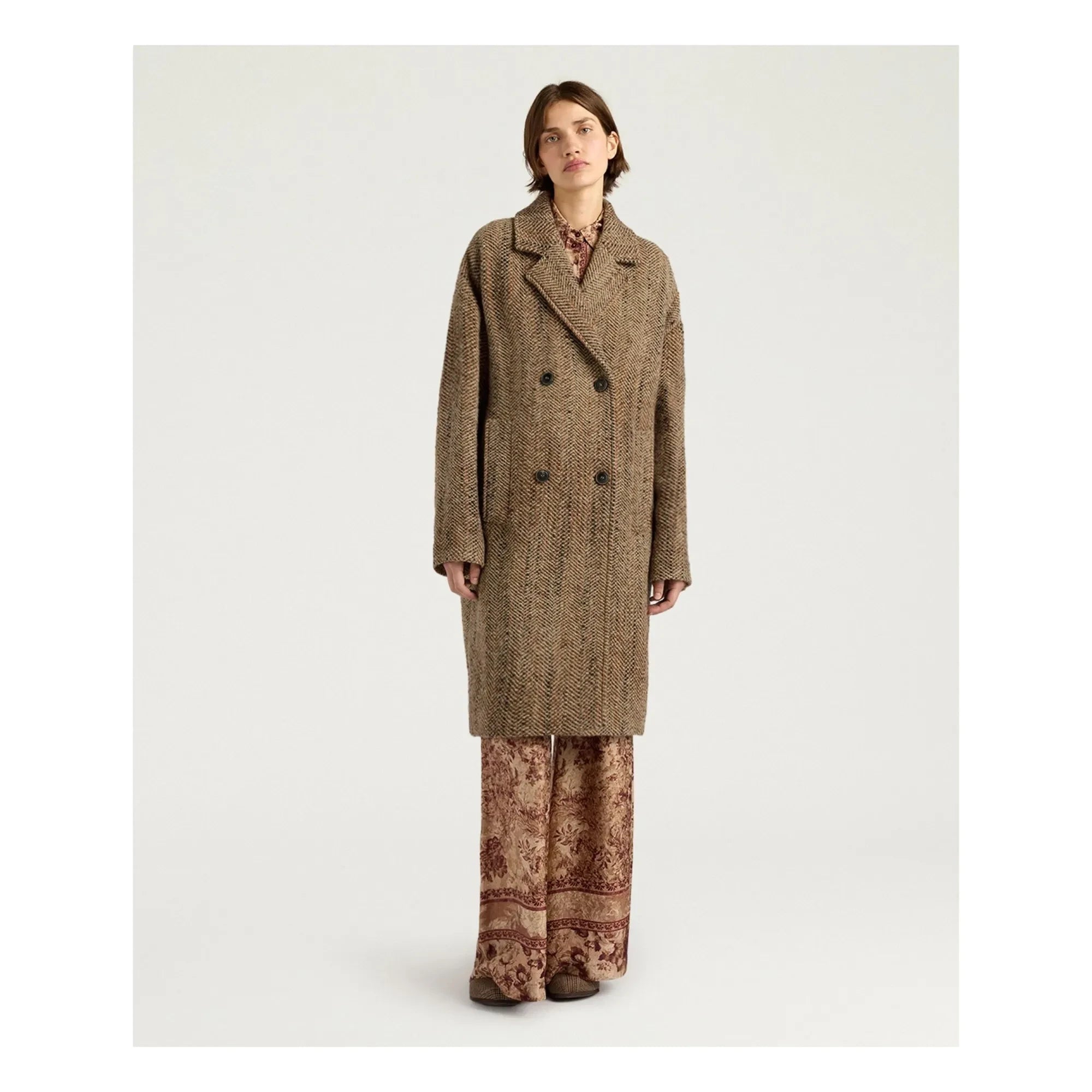 Momoni - Lancaster Herringbone Saf Yün Kaban | Bej