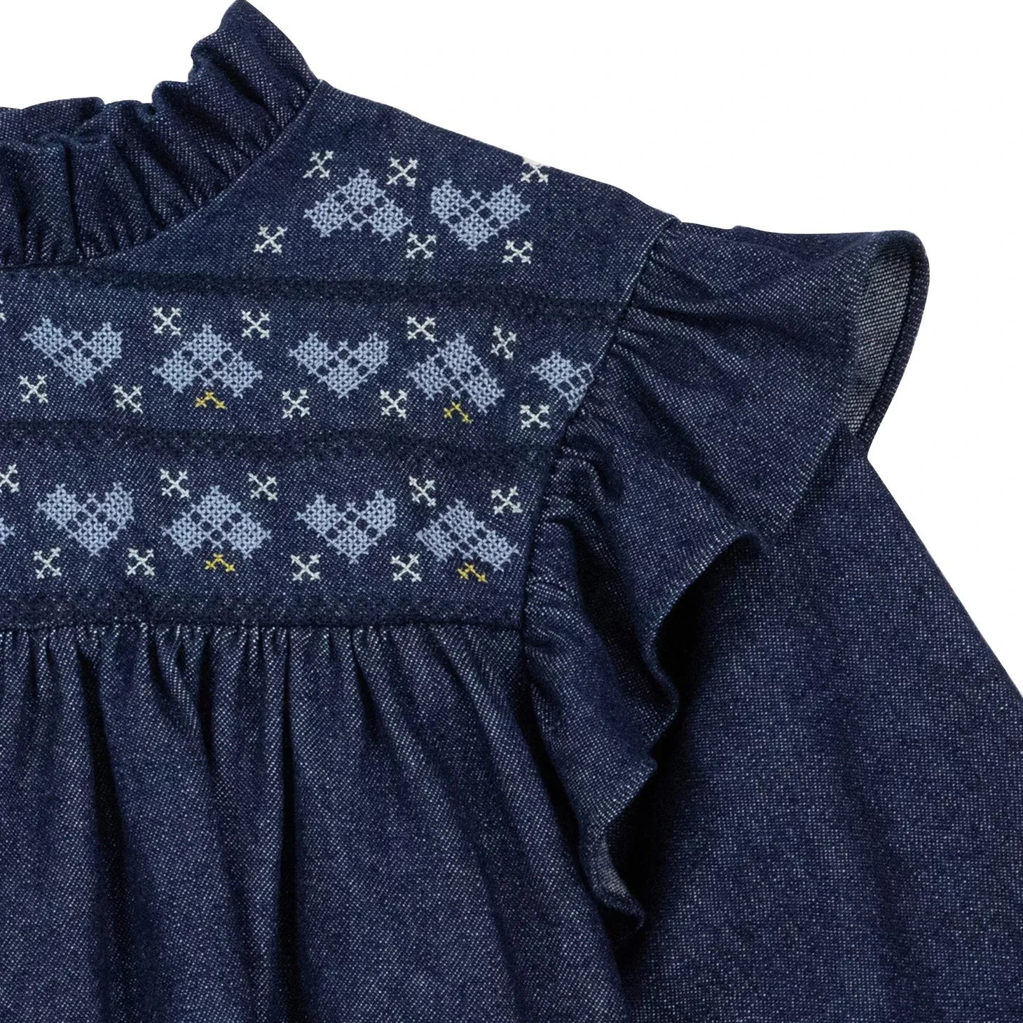 Bonton - Babouchka Pamuklu Chambray Fırfırlı Elbise | Koyu Mavi