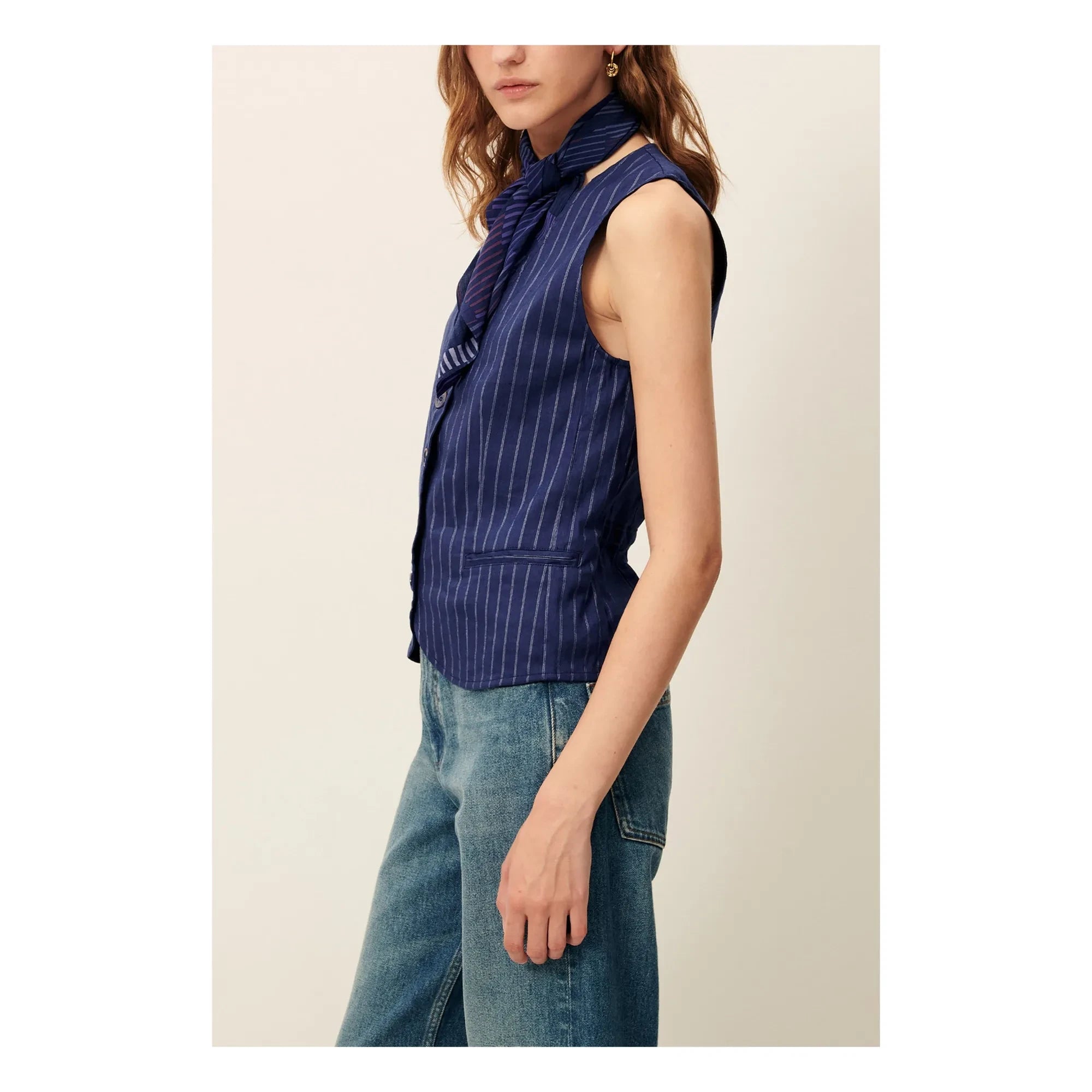 Sessùn - Blusa sin mangas de lino a rayas Fernando | Azul marino