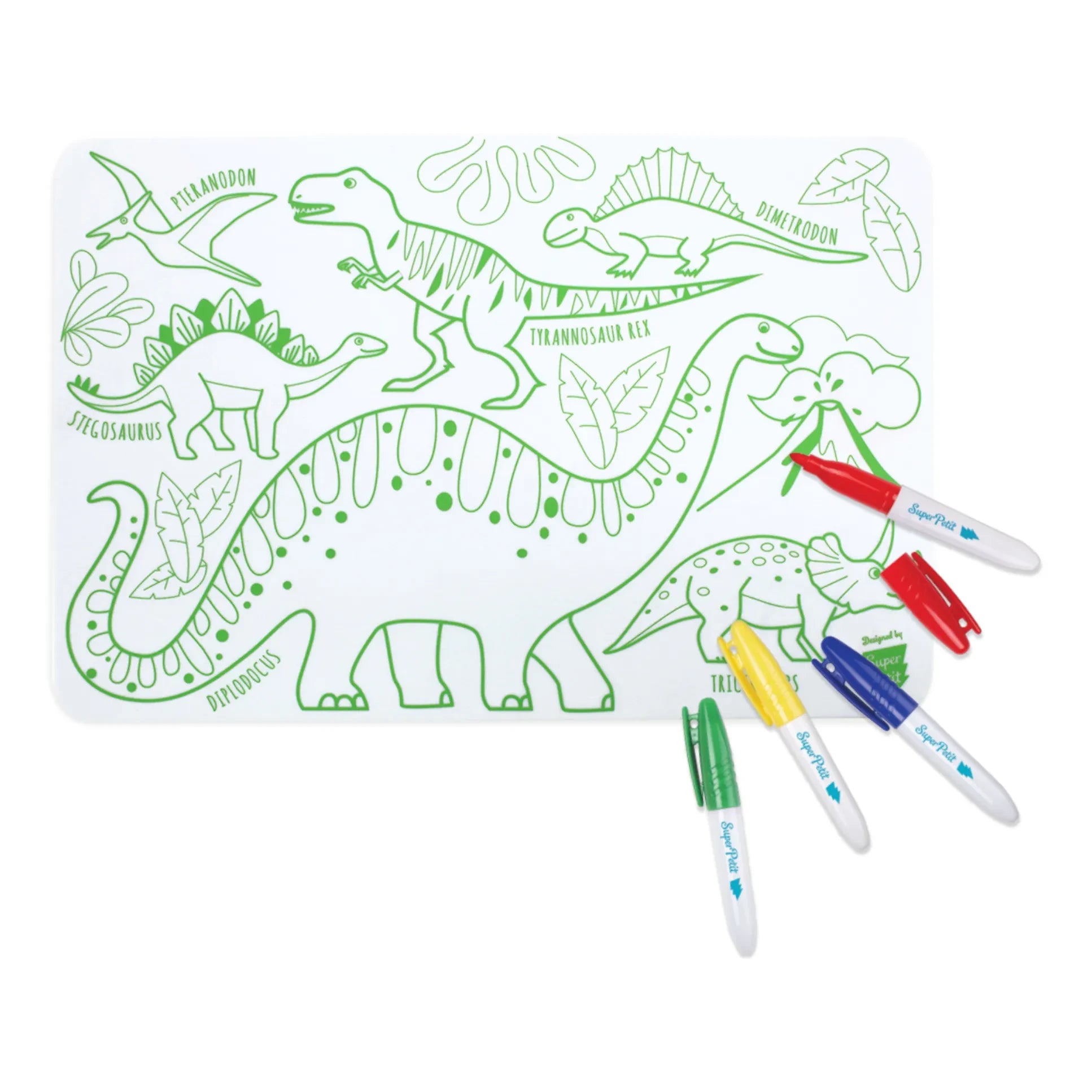 Superpetit - Set individual mini reversible con 4 rotuladores - Dinosaurio