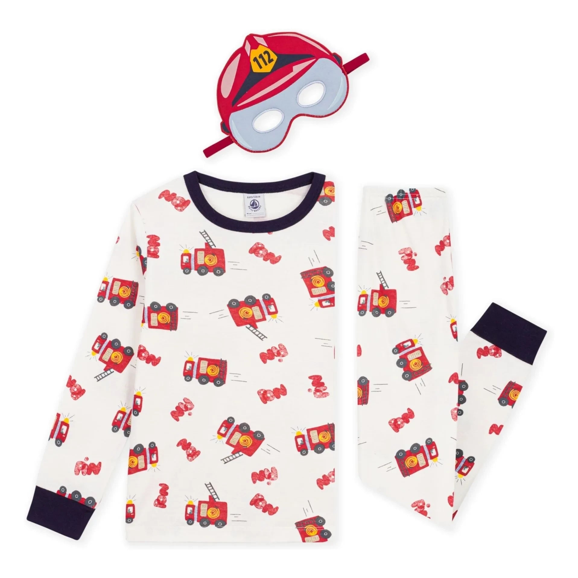 Petit Bateau - Organik Pamuk İtfaiyeci Pijama ve Maske Seti | Beyaz