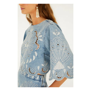 Farm Rio - Blusa Richelieu | Azul denim