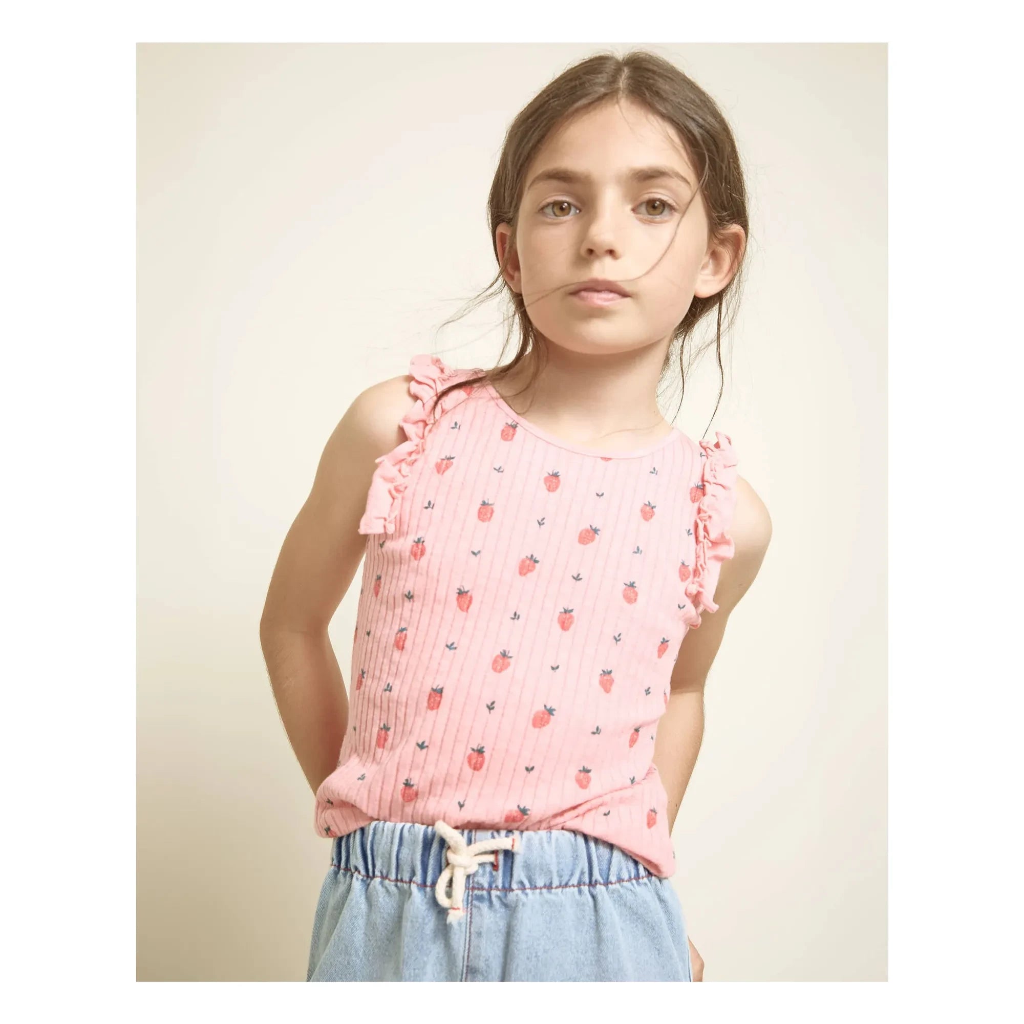 Búho - Camiseta de tirantes a rayas Strawberry Ruffles de algodón orgánico | Rosa caramelo