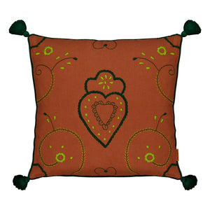 House of Capricorn - Cojín de lino bordado con pompón Viana | Rojo ladrillo