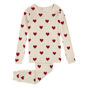 Petit Lem - Pijama de Algodón Orgánico Acanalado con Estampado de Corazones | Beige