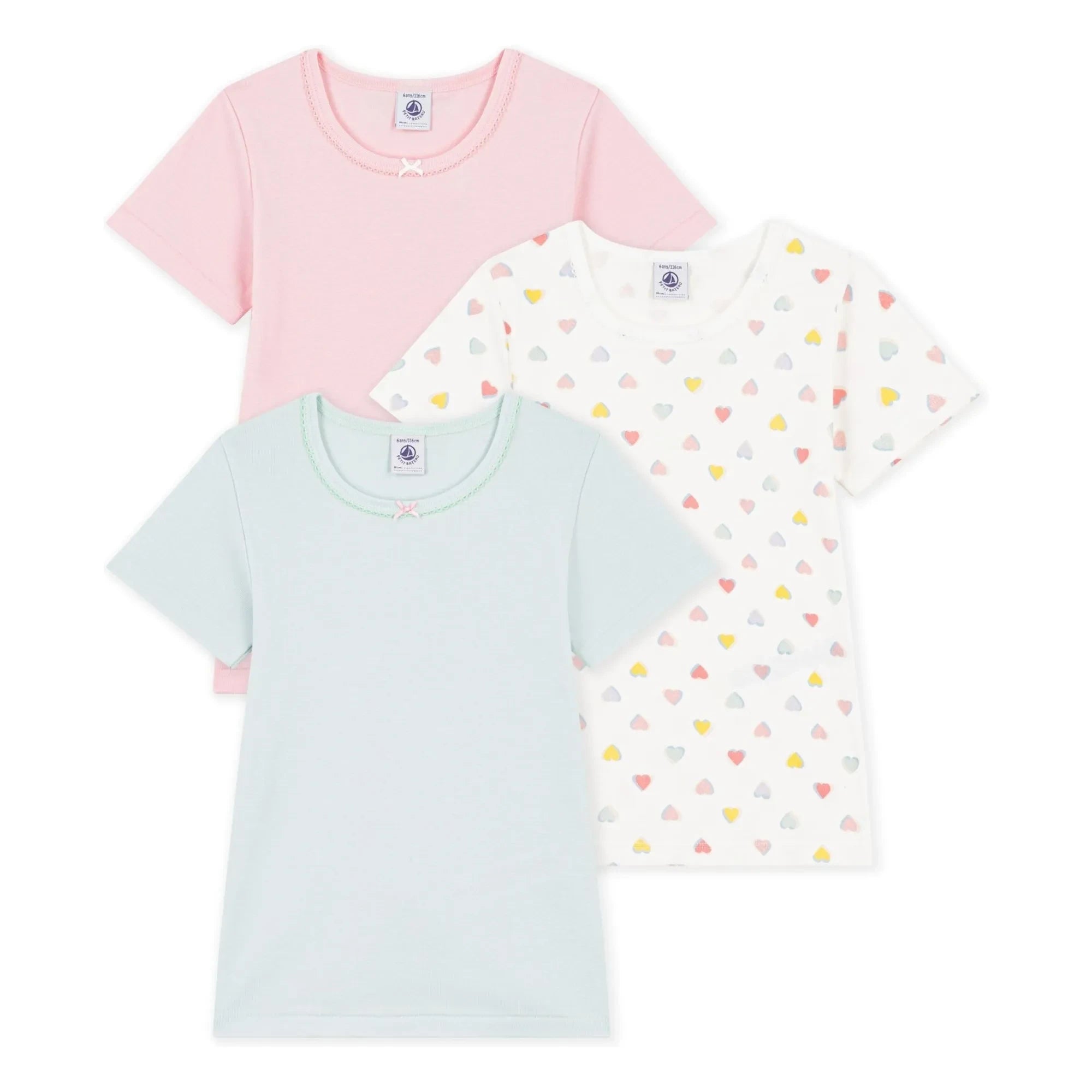 Petit Bateau - 3'lü Organik Pamuk Kalp Baskılı Tişört Seti | Pembe