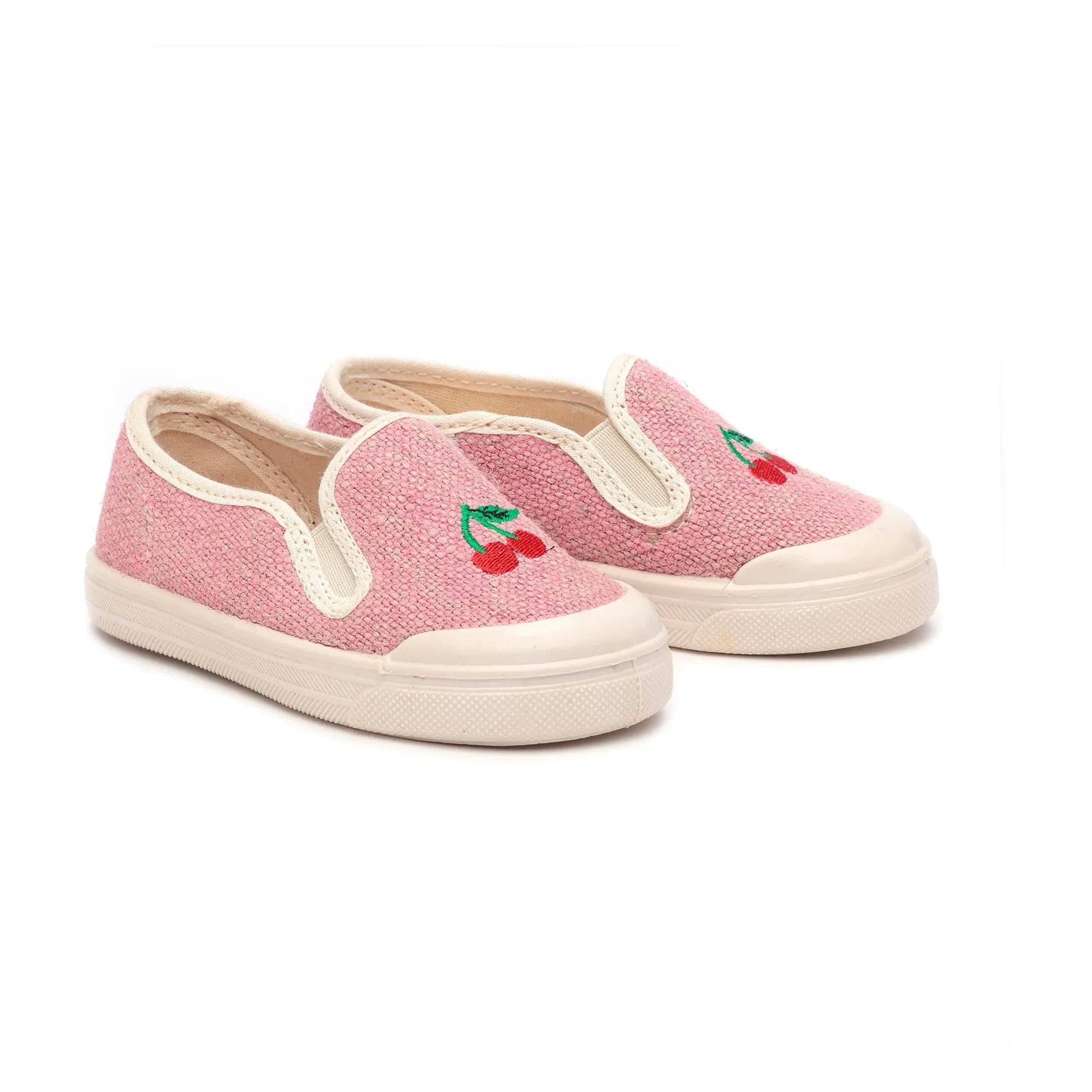 Pèpè - Sin cordones con bordado de cerezas sobre camisetas rosas