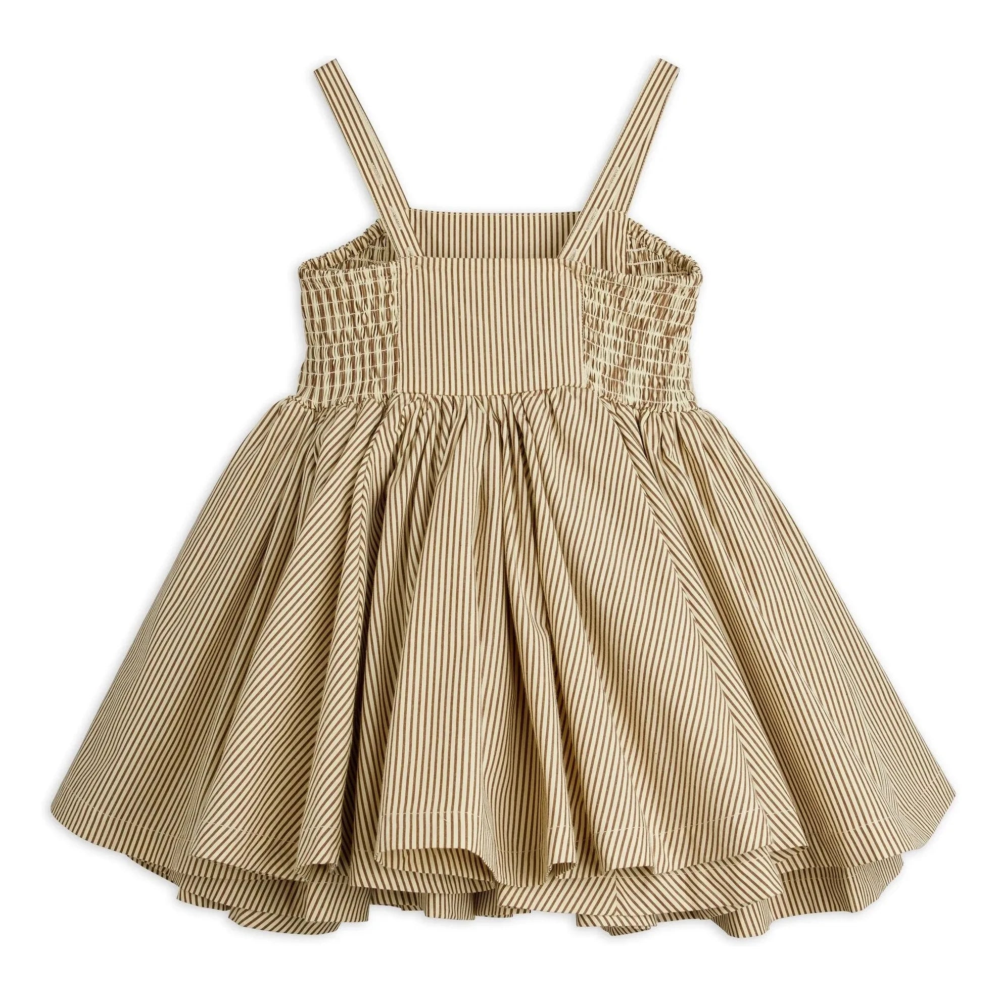 Mini Rodini - Vestido Fruncido de Popelín de Algodón Orgánico a Rayas | Marrón
