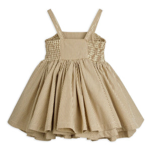 Mini Rodini - Vestido Fruncido de Popelín de Algodón Orgánico a Rayas | Marrón
