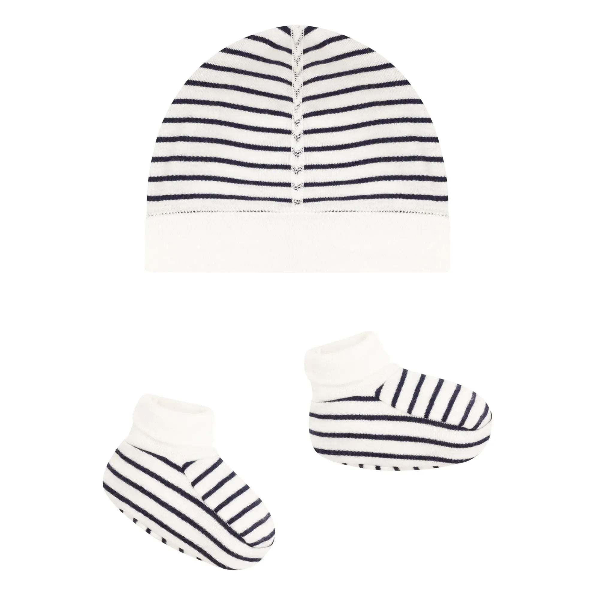 Petit Bateau - Conjunto de gorro y zapatillas a rayas | Azul marino