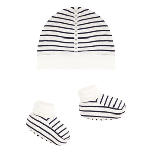 Petit Bateau - Conjunto de gorro y zapatillas a rayas | Azul marino